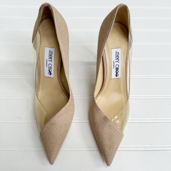 Jimmy Choo Cass Pumps 37 Tan Linen Clear Vinyl Stiletto Heels Wedding Bridal - Picture 1 of 12